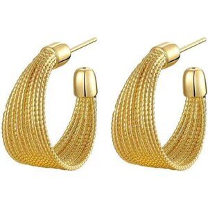 Women's 14K Gold Plated Chunky Dangle Hoop Earring Statement Thick Gold Brushed